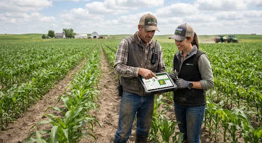 Equipo tecnico revisando datos en el campo